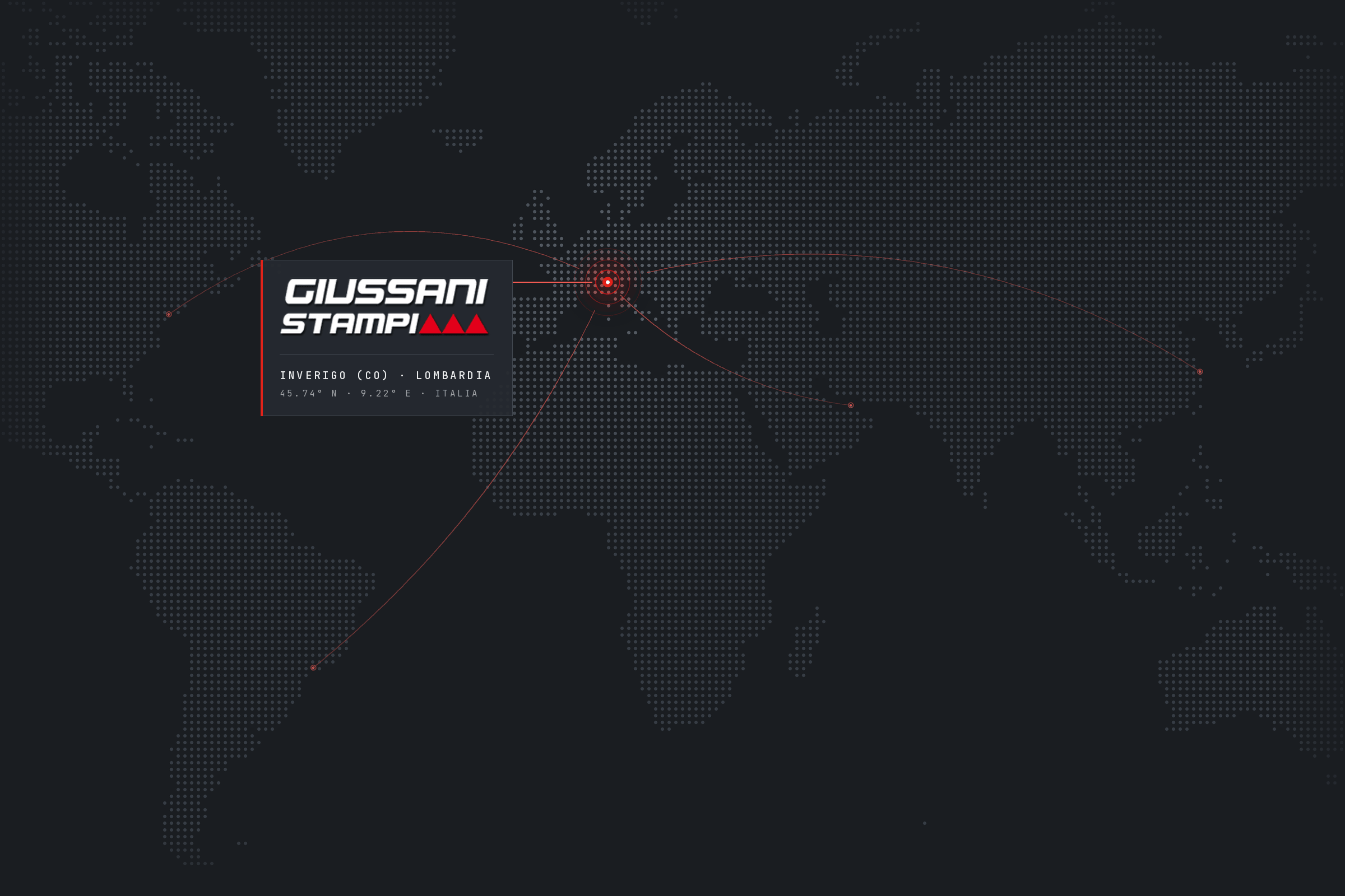 World map with Giussani Stampi in Inverigo (Como), Lombardy, connected to markets in Europe, the Americas, the Middle East and Asia